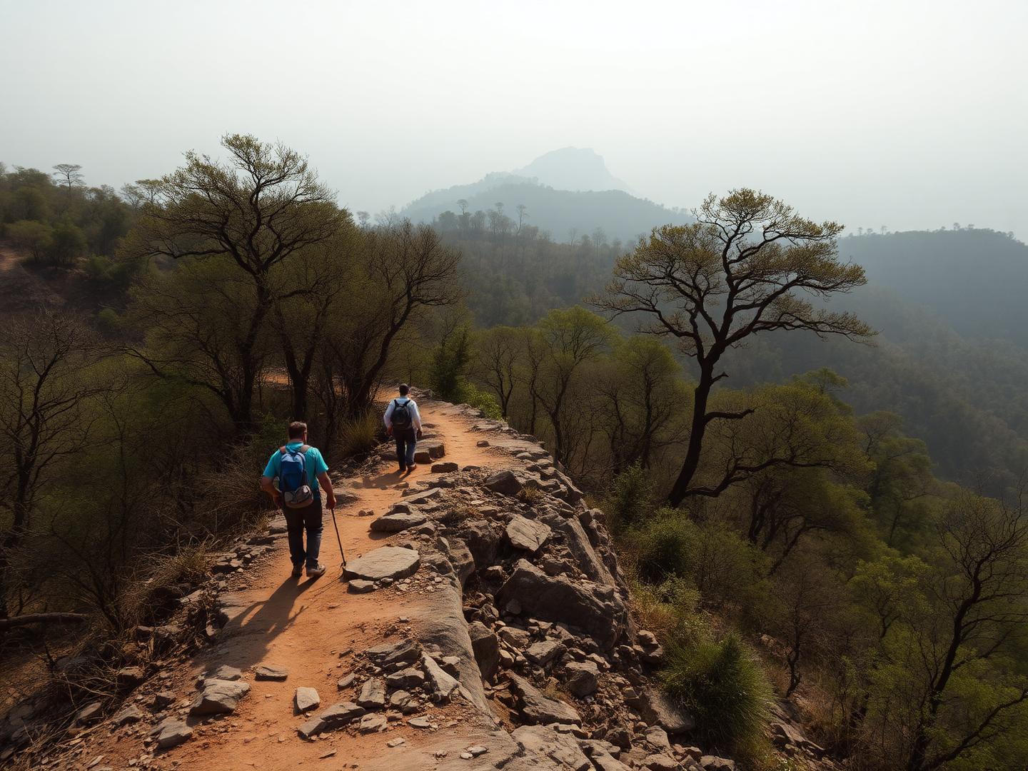 Two trekkers walking a rocky ridge trail through the Vindhyan hills