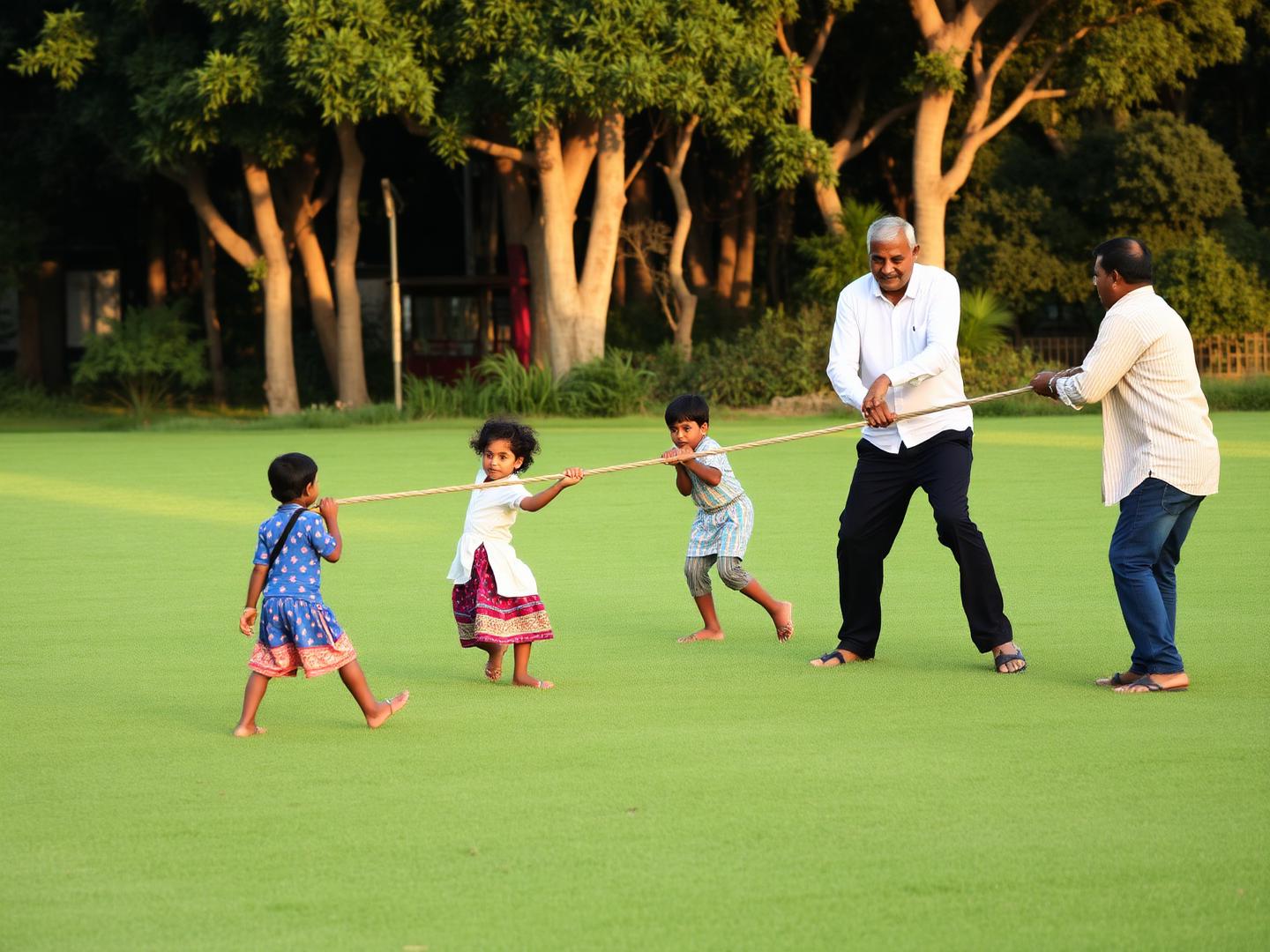 Families playing tug of war on the wide lawn at the retreat in evening light