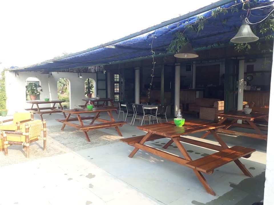 Picnic tables under festoon lights on the verandah at dusk