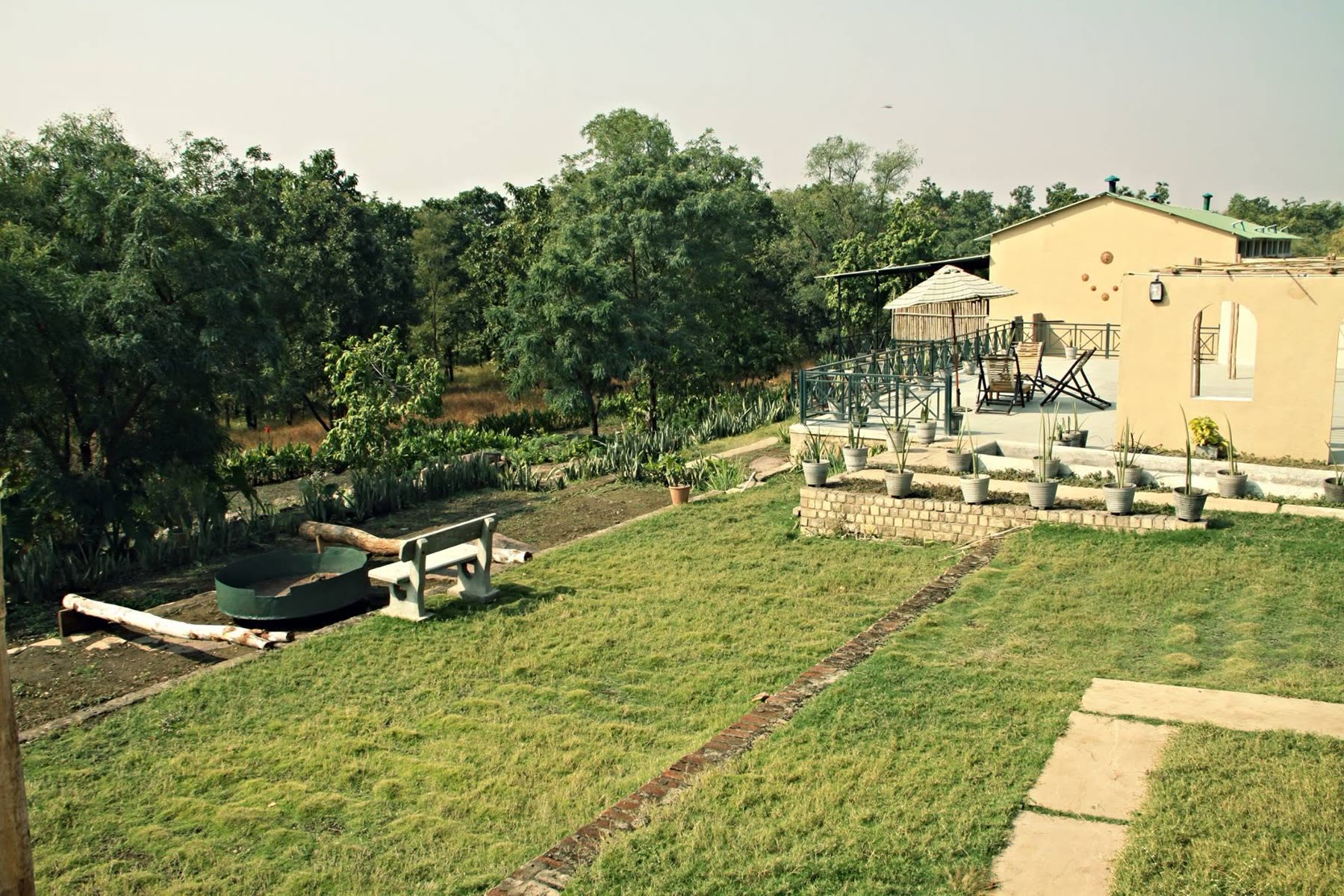Terraced lawn leading up to the guest wing
