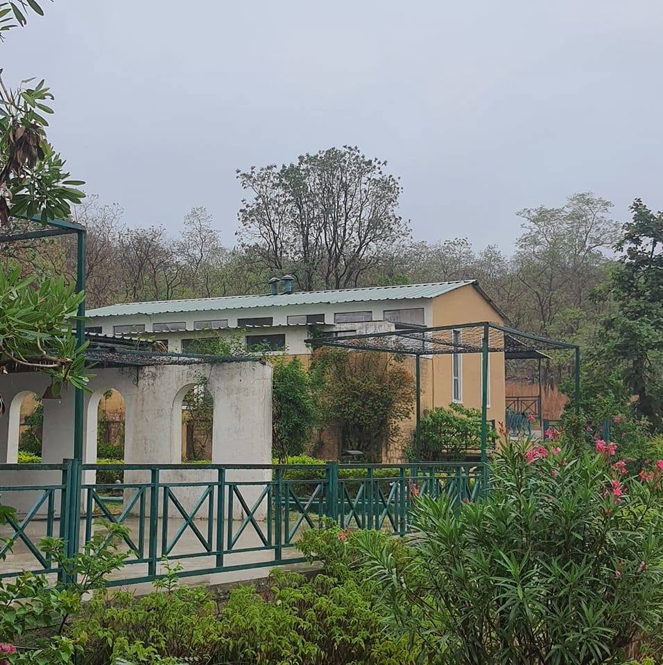 The retreat verandah and its garden looking out into the surrounding forest