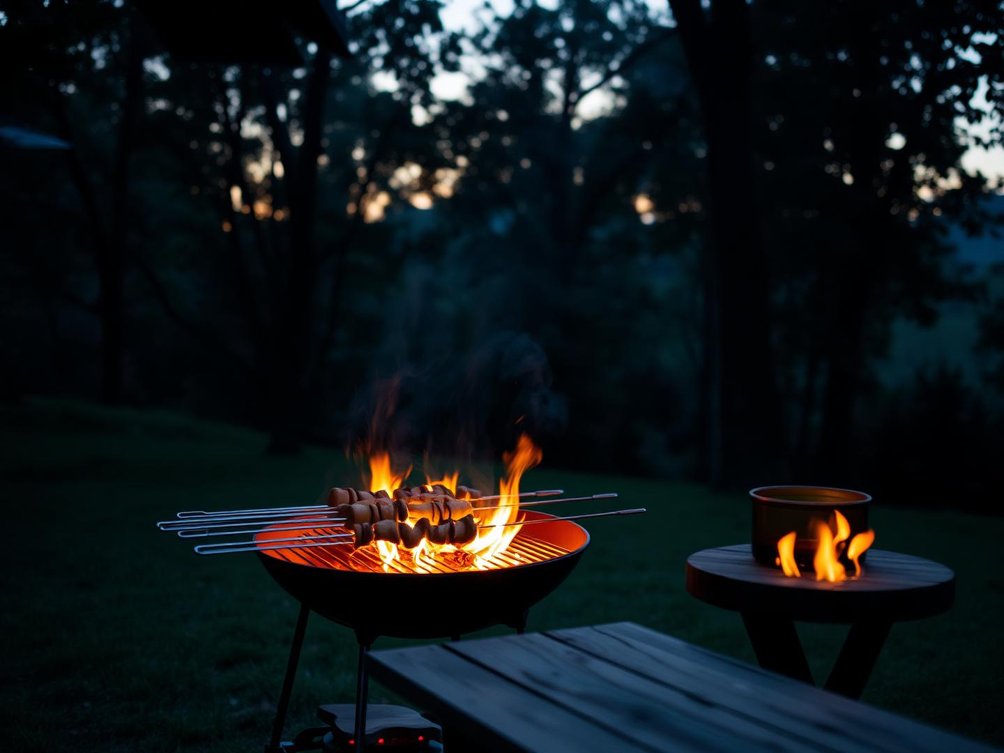 Charcoal barbecue grill glowing at dusk on the forest lawn with skewers cooking