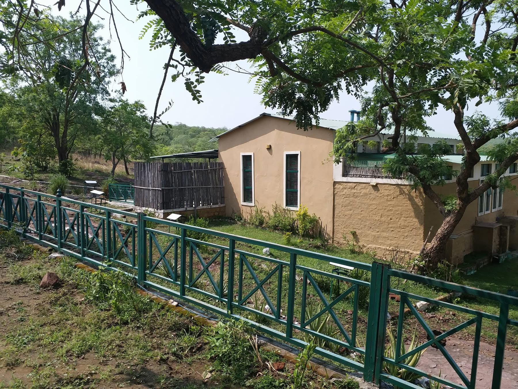 Green-railed walkway linking the garden to the rooms