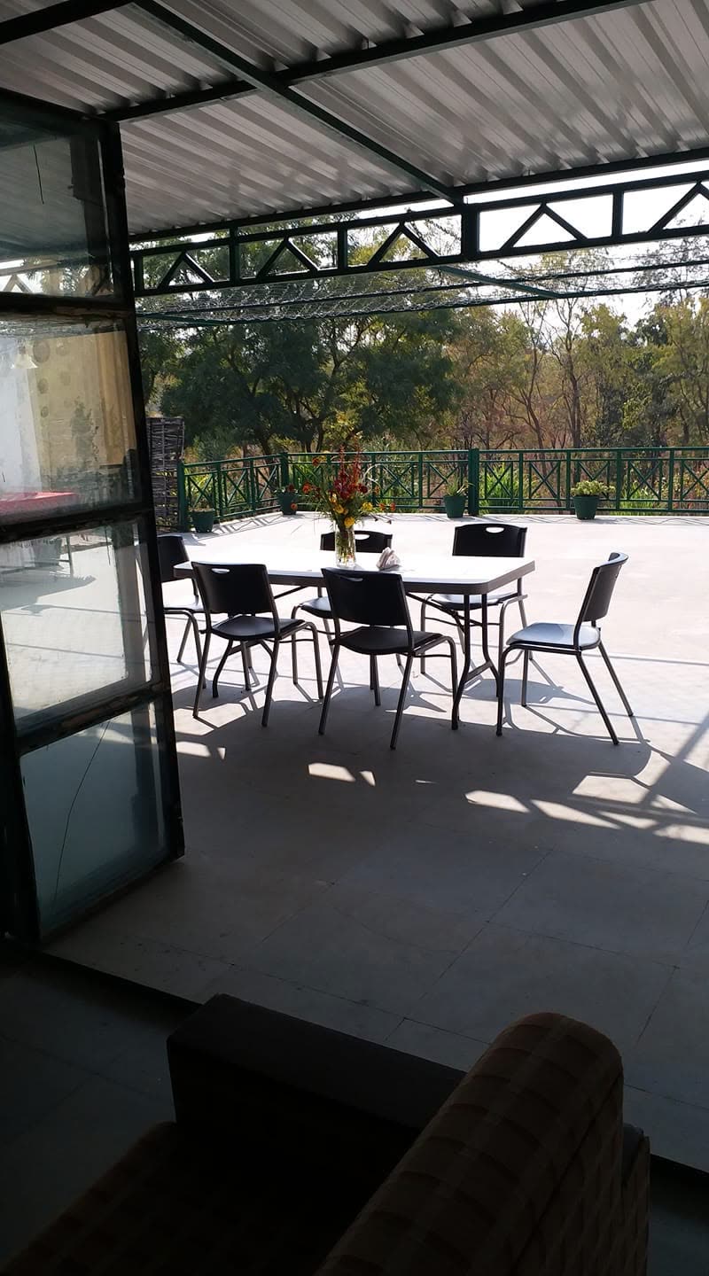 Open dining pavilion looking out to the lawn in daylight